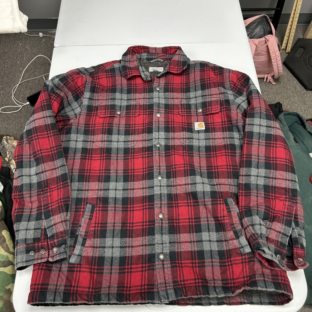 Carhartt Flannel Shirt Jacket Mens XL Red Plaid Sherpa Lined Snap Front F2